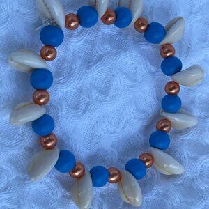 Handmade Blue & Orange Cowrie Shell Beaded Stretch Bracelet